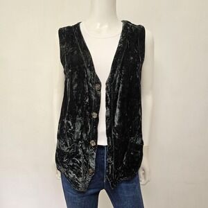 CP Shades Vest Crushed Velvet Size M Dark Green Pockets Button Down Sleeveless